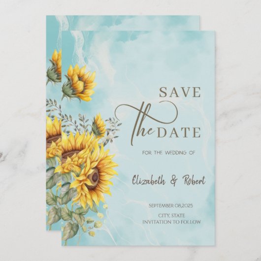 Rustieke Zonnebloemen Blauw Save The Date (Voorkant / Achterkant)