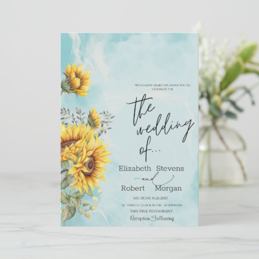 Rustieke Zonnebloemen Blauwe Huwelijksuitnodiging Kaart (Staand voorkant)