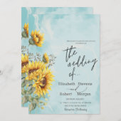 Rustieke Zonnebloemen Blauwe Huwelijksuitnodiging Kaart (Voorkant / Achterkant)