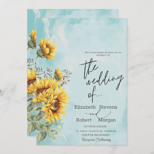 Rustieke Zonnebloemen Blauwe Huwelijksuitnodiging Kaart (Voorkant / Achterkant)