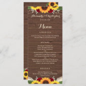 Rustieke zonnebloemen Bourgondië rode rozen bruilo Menu (Voorkant / Achterkant)