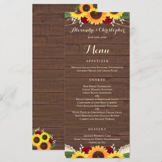 Rustieke zonnebloemen Bourgondië rode rozen bruilo Menu (Voorkant / Achterkant)