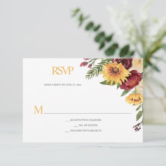 Rustieke zonnebloemen & Bourgondische bloemen RSVP Kaartje (Staand voorkant)
