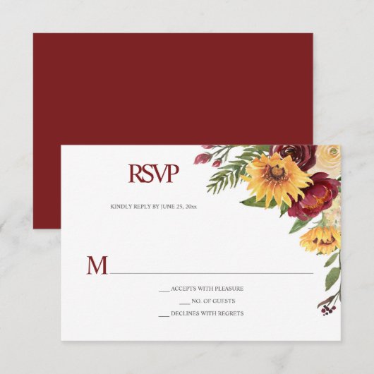 Rustieke zonnebloemen & Bourgondische bloemen RSVP Kaartje (Voorkant / Achterkant)