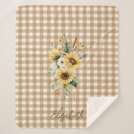 Rustieke Zonnebloemen Brown Gingham Gepersonalisee Sherpa Deken