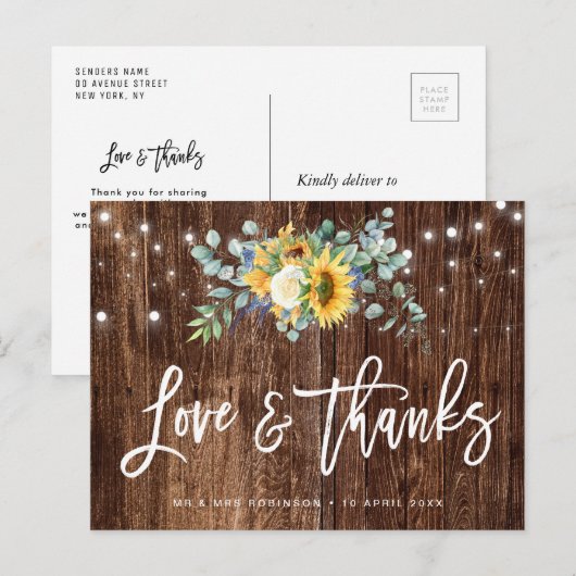 Rustieke zonnebloemen bruiloft bedankkaart briefkaart (Voorkant / Achterkant)