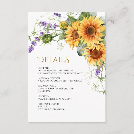 Rustieke Zonnebloemen Bruiloft Details Behuizing K Informatiekaartje (Voorkant)
