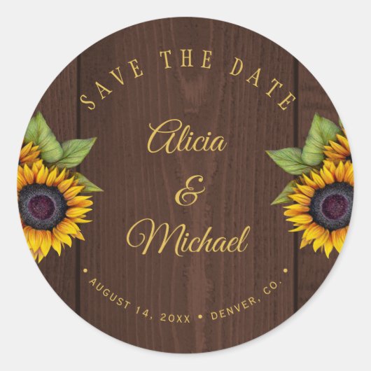 Rustieke zonnebloemen bruin hout bruiloft save dat ronde sticker (Voorkant)