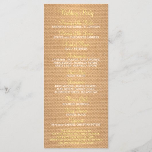 Rustieke zonnebloemen burlap en kant bruiloft prog programmakaart (Achterkant)