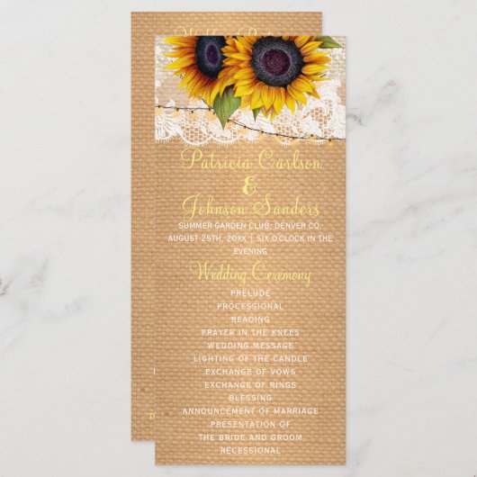 Rustieke zonnebloemen burlap en kant bruiloft prog programmakaart (Voorkant / Achterkant)