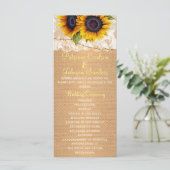 Rustieke zonnebloemen burlap en kant bruiloft prog programmakaart (Staand voorkant)