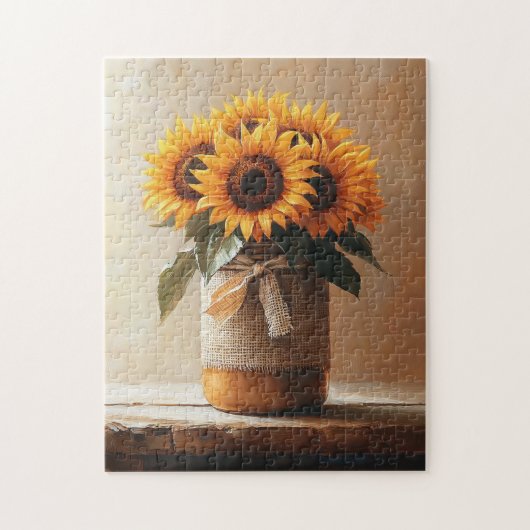 Rustieke Zonnebloemen Burlap Mason Jar Legpuzzel (Verticaal)