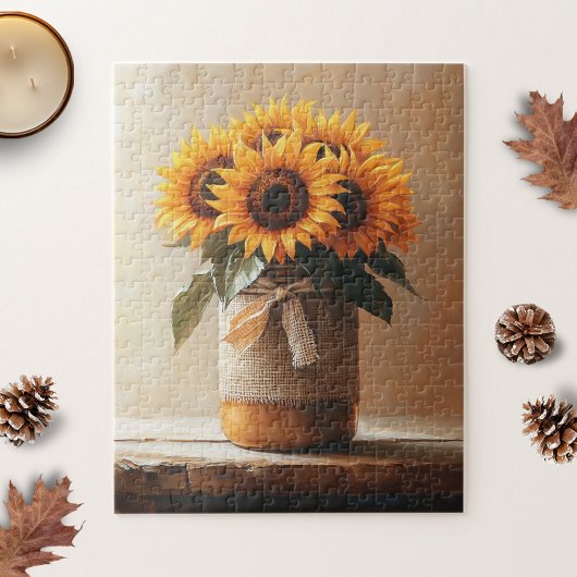 Rustieke Zonnebloemen Burlap Mason Jar Legpuzzel