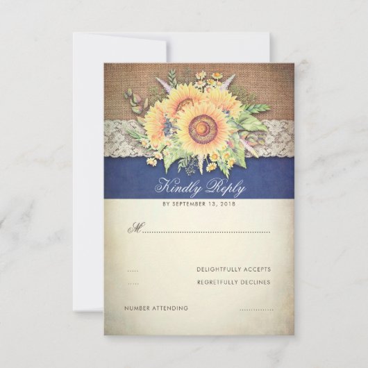 Rustieke Zonnebloemen Burlap Navy Wedding RSVP (Voorkant)
