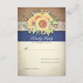 Rustieke Zonnebloemen Burlap Navy Wedding RSVP Kaartje