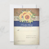 Rustieke Zonnebloemen Burlap Navy Wedding RSVP Kaartje (Voorkant)