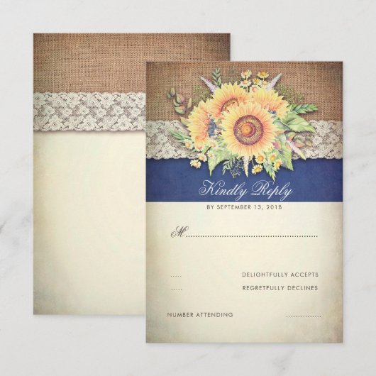 Rustieke Zonnebloemen Burlap Navy Wedding RSVP Kaartje (Voorkant / Achterkant)