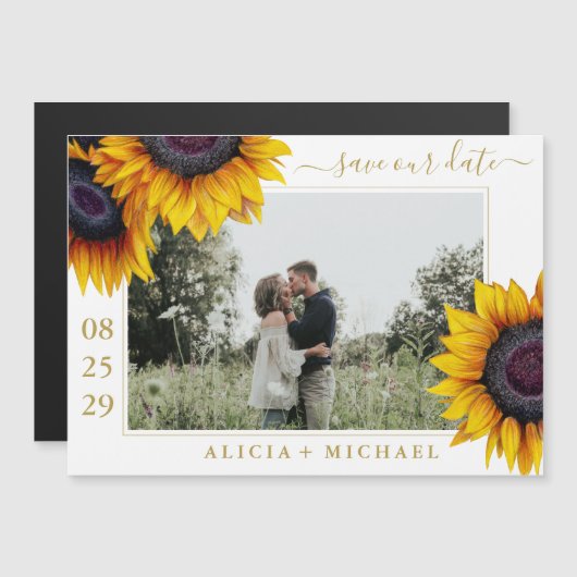 Rustieke zonnebloemen chic script save date bruilo magnetische uitnodiging (Voorkant / Achterkant)
