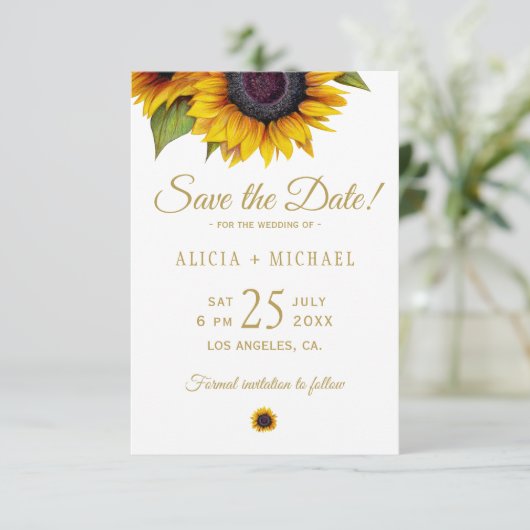 Rustieke zonnebloemen elegante save the date bruil (Staand voorkant)