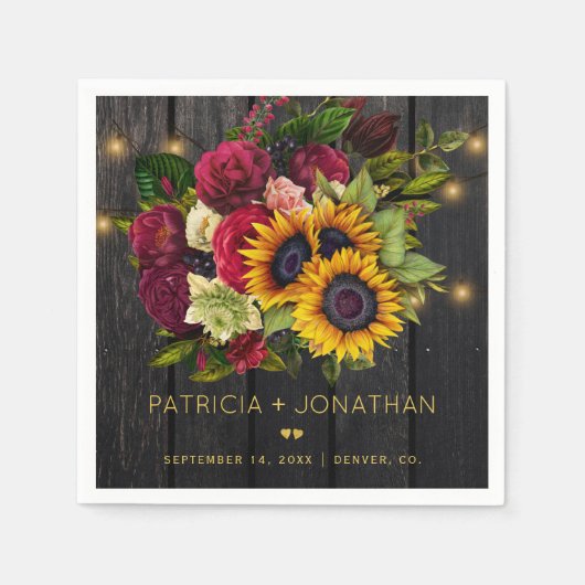 Rustieke zonnebloemen en bordeaux rozen houten bru servet (Voorkant)