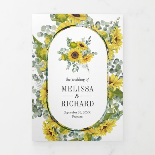 Rustieke Zonnebloemen en Eucalyptus 3 in 1 Bruilof Drieluik Uitnodiging (Cover)