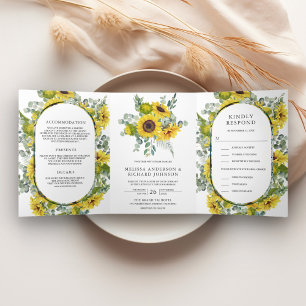 Rustieke zonnebloemen en eucalyptus 3 in 1 Trouwfe Drieluik Uitnodiging