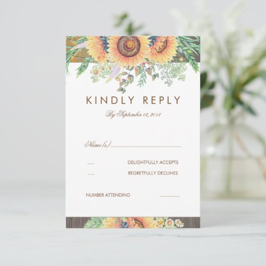 Rustieke Zonnebloemen en Hout Wedding RSVP Kaart (Staand voorkant)