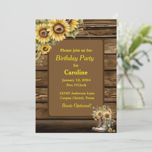  rustieke zonnebloemen en laarzen verjaardagsfeest kaart (Staand voorkant)