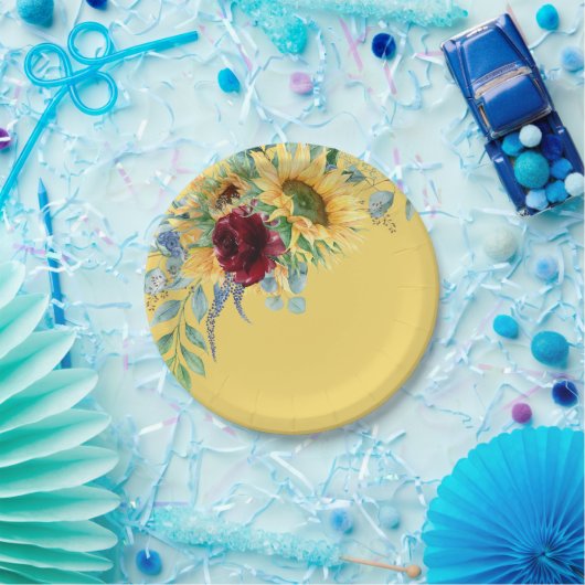 Rustieke zonnebloemen en rozen bloem geel papieren bordje (Feest)