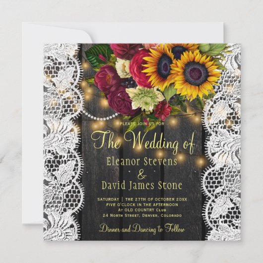 rustieke zonnebloemen en rozen houten bruiloft kaart (Voorkant)