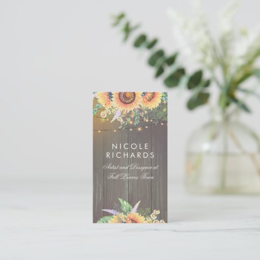 Rustieke Zonnebloemen en String Lights Barn Wood Visitekaartje (Staand voorkant)
