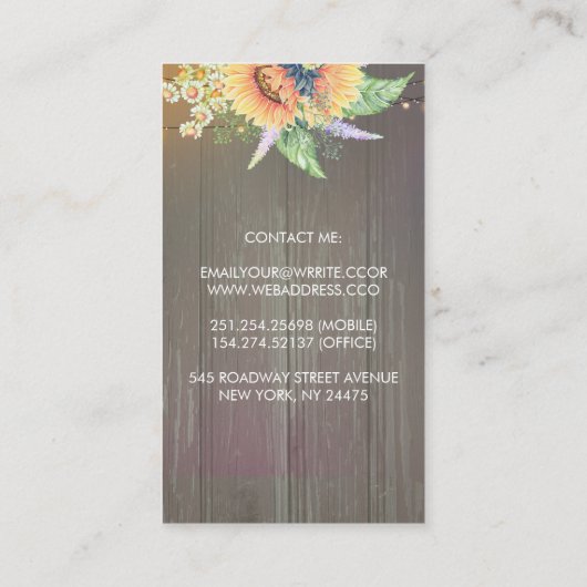 Rustieke Zonnebloemen en String Lights Barn Wood Visitekaartje (Achterkant)