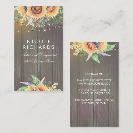 Rustieke Zonnebloemen en String Lights Barn Wood Visitekaartje (Voorkant / Achterkant)