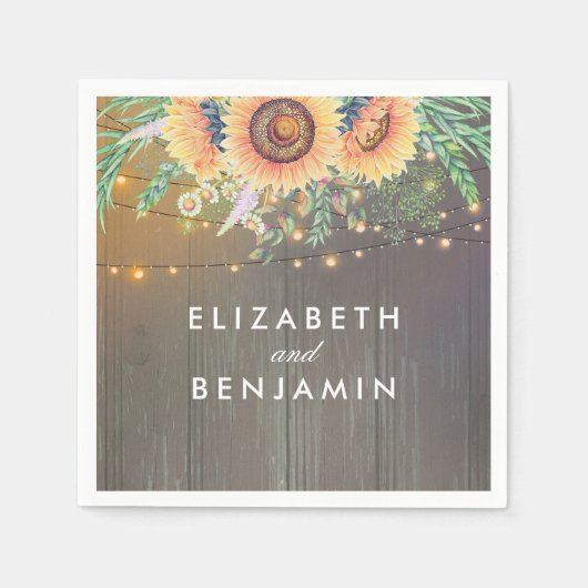 Rustieke Zonnebloemen en String Lights Wood Barn Servetten (Voorkant)