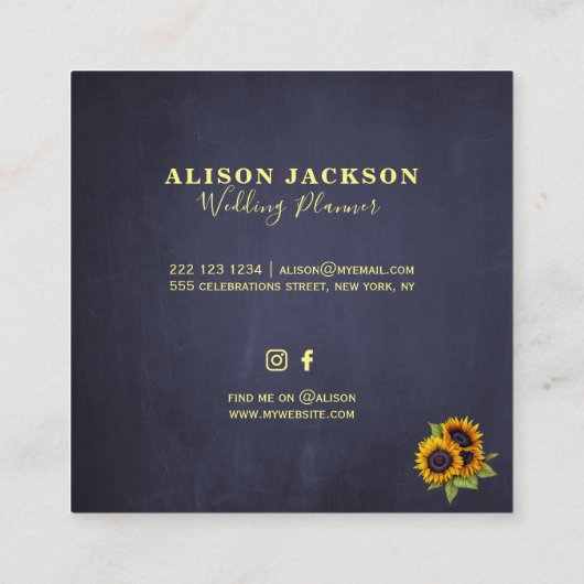Rustieke zonnebloemen en verlichting marine bruilo vierkante visitekaartje (Achterkant)