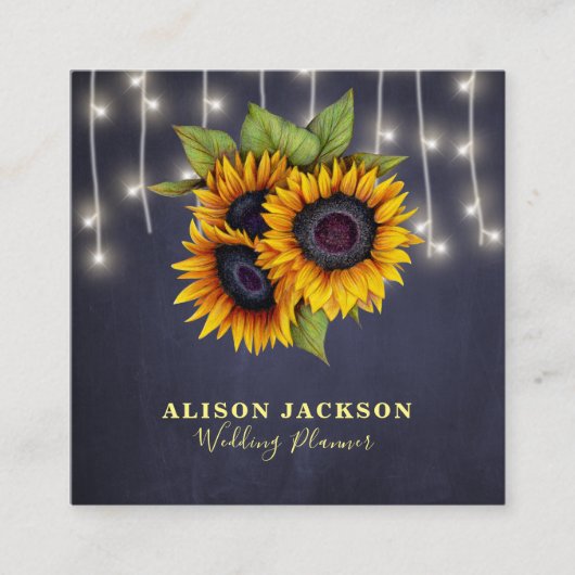 Rustieke zonnebloemen en verlichting marine bruilo vierkante visitekaartje (Voorkant)