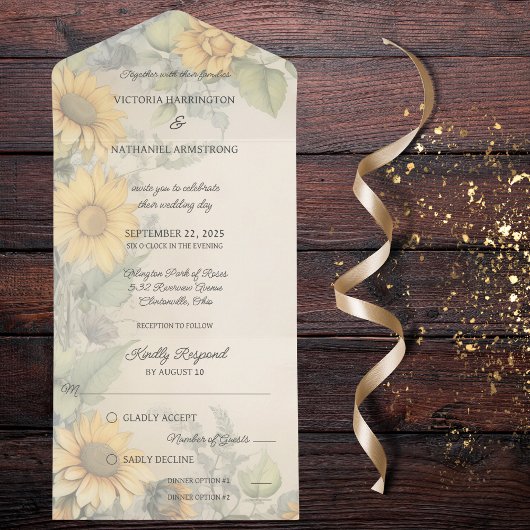 Rustieke zonnebloemen en wijnstokken all in one uitnodiging