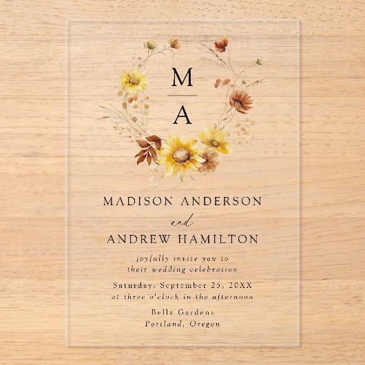 Rustieke Zonnebloemen en Wildflowers Monogram Huwe Acryl Uitnodigingen (Voorkant)