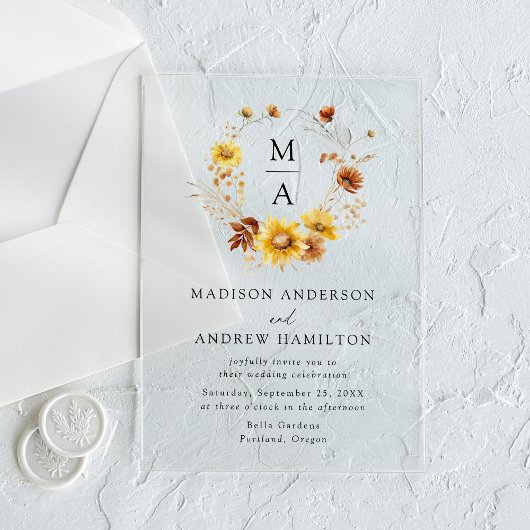 Rustieke Zonnebloemen en Wildflowers Monogram Huwe Acryl Uitnodigingen
