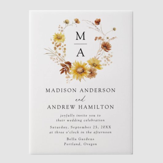 Rustieke Zonnebloemen en Wildflowers Monogram Huwe Vellum Uitnodigingen (Voorkant)