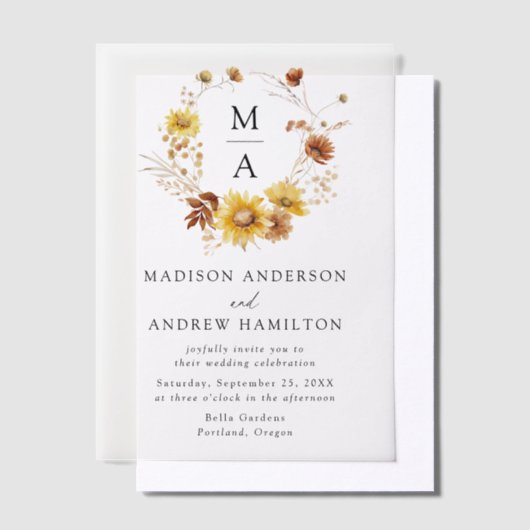 Rustieke Zonnebloemen en Wildflowers Monogram Huwe Vellum Uitnodigingen (Offset)