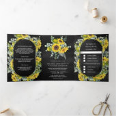 Rustieke zonnebloemen Eucalyptus 3 in 1 zwart brui Drieluik Uitnodiging (Binnen)