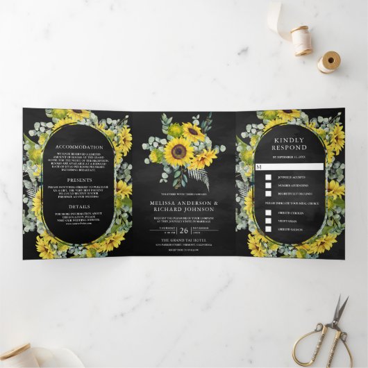 Rustieke zonnebloemen Eucalyptus 3 in 1 zwart brui Drieluik Uitnodiging (Binnen)