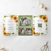 Rustieke Zonnebloemen Foto Boog QR Code Trouwen Drieluik Uitnodiging (Binnen)