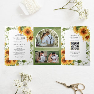 Rustieke Zonnebloemen Foto Boog QR Code Trouwen Drieluik Uitnodiging