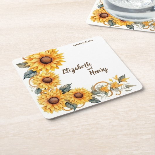 Rustieke zonnebloemen: gepersonaliseerde bruiloft  kartonnen onderzetters (Schuin)