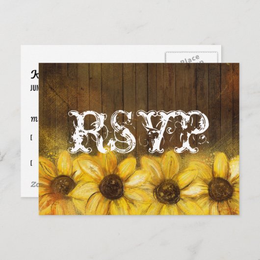 Rustieke zonnebloemen geschilderd op hout | RSVP Uitnodiging Briefkaart (Voorkant / Achterkant)