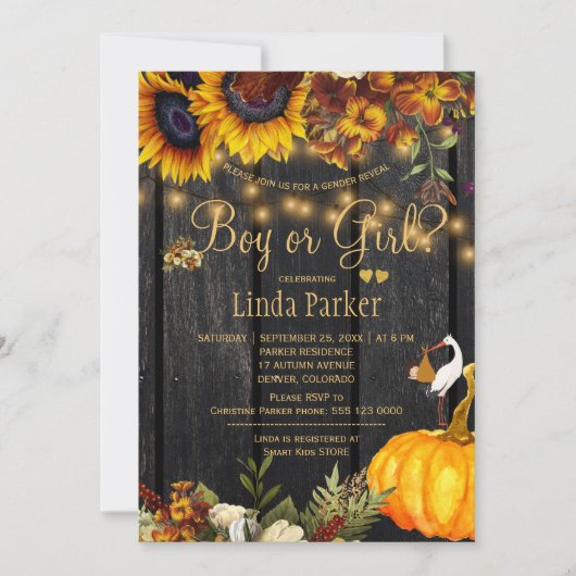 Rustieke zonnebloemen herfst baby shower Geslacht  Kaart (Voorkant)