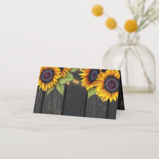 Rustieke zonnebloemen hout chique trouwtafel plaatskaartje (Achterkant)
