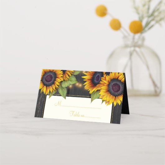 Rustieke zonnebloemen hout chique trouwtafel plaatskaartje (Voorkant)
